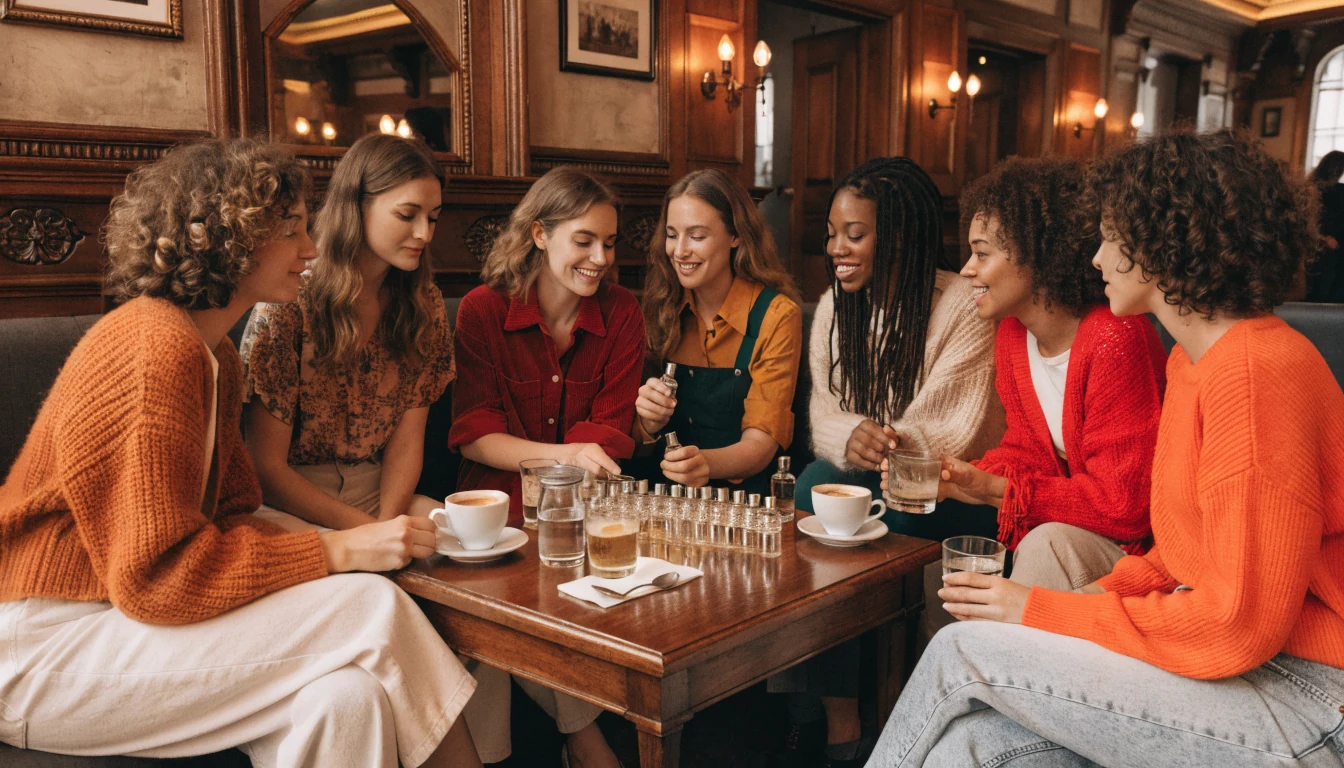 Discussione amichevole su campioni di profumo in un caffè italiano